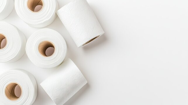 Large collection of toilet paper rolls arranged neatly on a white surface, captured from a top-down perspective with high detail