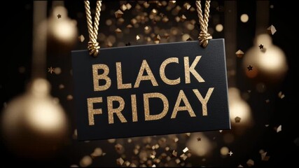 Exciting Black Friday sale banner with gold glitter on black background. festive shopping offer featuring elegant hanging ornament decoration - Powered by Adobe