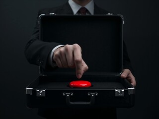 A person in a black suit points at a red button inside an open briefcase. The dramatic scene symbolizes urgency, decision-making, and high-stakes action.