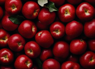 Fresh red apples arranged in a detailed top view shot showcasing their vibrant color and textures with dramatic lighting, perfect for culinary or health themes