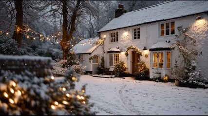 Cozy countryside cottage with festive Christmas light decoration in winter snow. tranquil, warm and inviting magical home scene for holiday season - Powered by Adobe