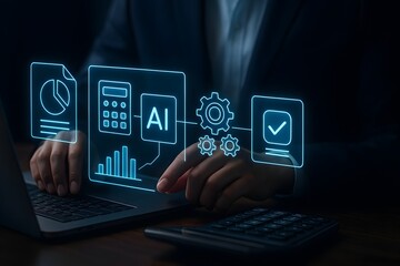 AI powered accounting workflow with calculator charts gears and approval screen