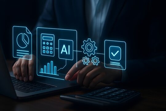 AI powered accounting workflow with calculator charts gears and approval screen