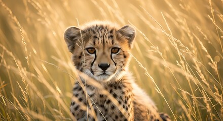 A curious cheetah cub peeking out from behind tall, sun-drenched grass, wide-eyed and innocent, international cheetah day