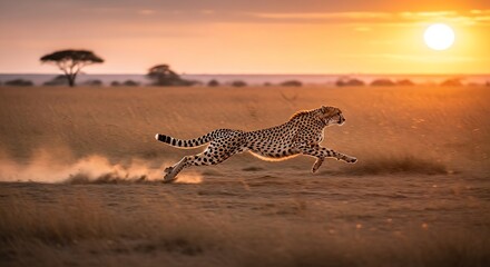 Cheetah mammal standing tall on the savannah in Masai Mara, Kenya, A powerful cheetah in full sprint across the golden savanna at sunrise, dust kicking up behind its feet, international cheetah day
