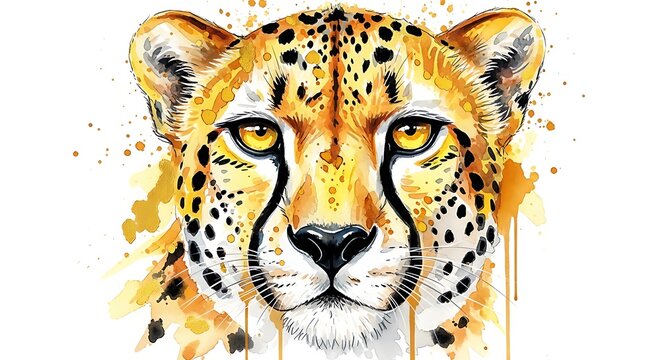 A cheetah's face painted in watercolor style, with splashes of gold and amber, on a white background, international cheetah day
