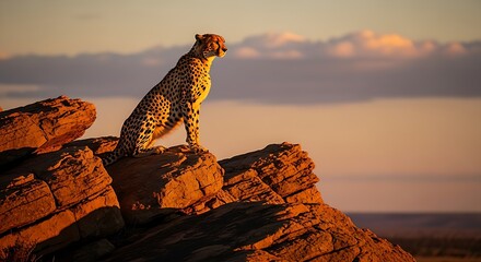 A cheetah on a rock formation during the golden hour, its coat glowing in the warm light, international cheetah day