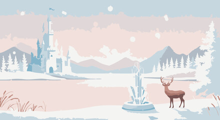 Winter Wonderland Scene with Snowfall, Castle, and Deer