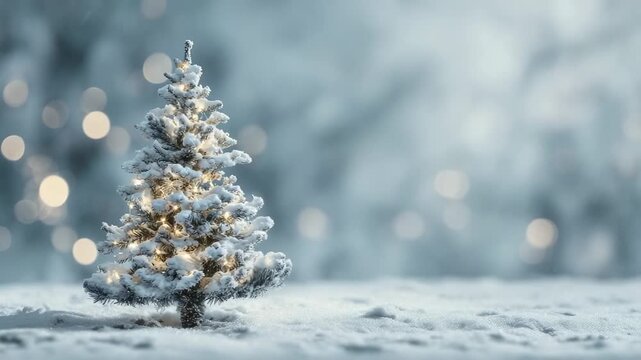 A small snow-covered evergreen tree with glowing lights stands alone in a wintry snowy landscape with a blurred background