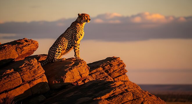 A cheetah on a rock formation during the golden hour, its coat glowing in the warm light, international cheetah day