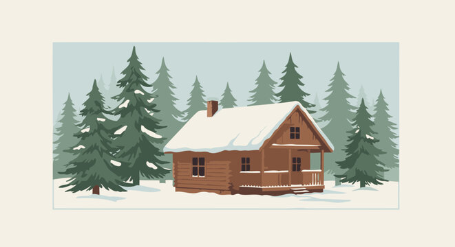 Log Cabin in Winter Forest, Cozy Christmas Holiday Getaway