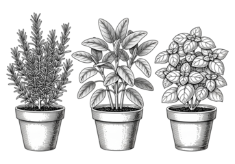 Three Potted Herbs Line Art Vector Illustration