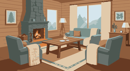 Cozy Cabin Living Room with Stone Fireplace and Mountain View