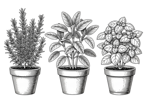 Three Potted Herbs Line Art Vector Illustration