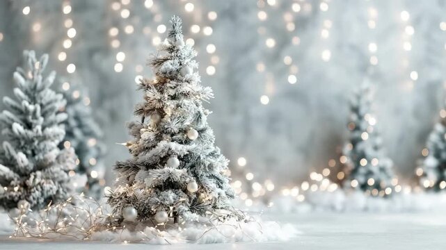 A small snow-flocked tree with white ornaments and warm lights stands on a snowy surface Blurry lit trees and bokeh lights create a soft wintry background