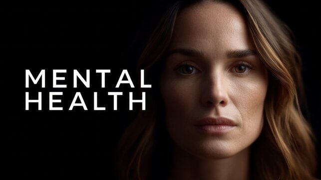 A serious woman gazes directly at the viewer, conveying strength and resilience. Her expression reflects deep thoughts about mental health, set against a black background for emphasis