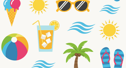 Summer fun collection - ice cream, sunglasses, waves, juice, beach ball, palm tree, and flip-flops.