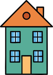 Simple cartoon illustration of a two story teal house with an orange roof and yellow door isolated on transparent background