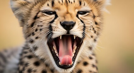 A cheetah cub yawning widely, revealing a tiny pink tongue, in extreme close-up, international cheetah day