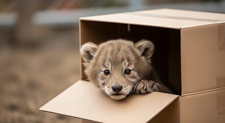 A cub peering out from a cardboard box (in a sanctuary setting), a concept for "new beginnings" or rescue, international cheetah day