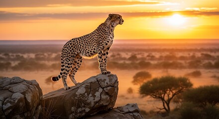 A cheetah on a rock formation during the golden hour, its coat glowing in the warm light, international cheetah day