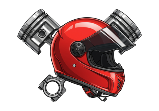 Red Motorcycle Helmet Crossed Pistons Vector Illustration - Powered by Adobe