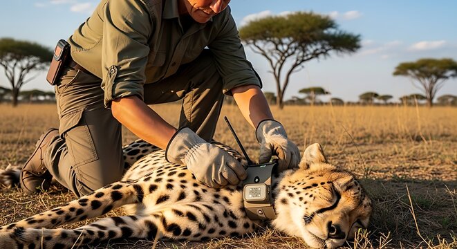 A conservationist fitting a GPS tracking collar on a wild cheetah to monitor its movements and protect it, international cheetah day