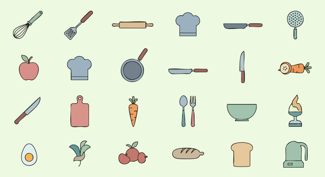 Collection of various kitchen utensils and food items, perfect for culinary themes and cooking.