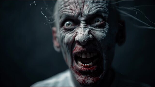 Close up terrifying face of scary zombie creature screaming in rage. An evil horror monster with grotesque expression filled with pure agony