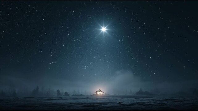 Brilliant holy star shines divine light through calm night sky over spiritual Christmas nativity manger, magical and serene scene