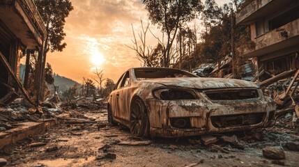 Obraz premium Post-Apocalyptic Wasteland: Abandoned Car in a Destroyed Urban Landscape