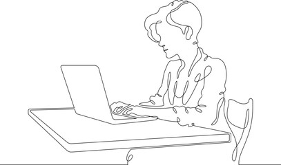 Continuous single line drawing girl is sitting at a laptop. A woman is working at a computer.Linear . One continuous line isolated minimalist illustration. Not AI.