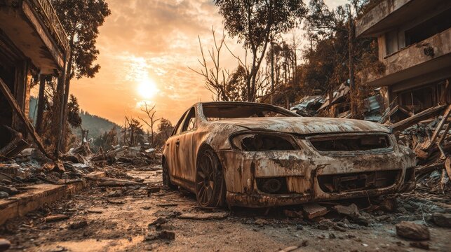 Post-Apocalyptic Wasteland: Abandoned Car in a Destroyed Urban Landscape