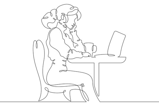 Continuous single line drawing girl is sitting at a laptop. A woman is working at a computer.Linear . One continuous line isolated minimalist illustration. Not AI.