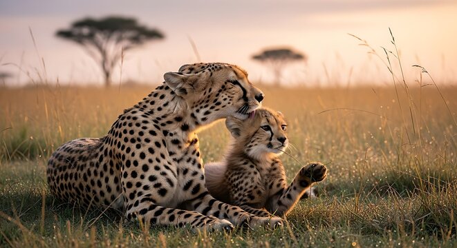 Wild big cat cheetah Acinonyx jubatus predator sitting in the grass on safari, A mother cheetah gently grooming her playful cub in the soft, warm light of the early morning, international cheetah day