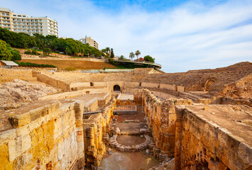 Tarragona Amphitheatre aerial panoramic view, Spain