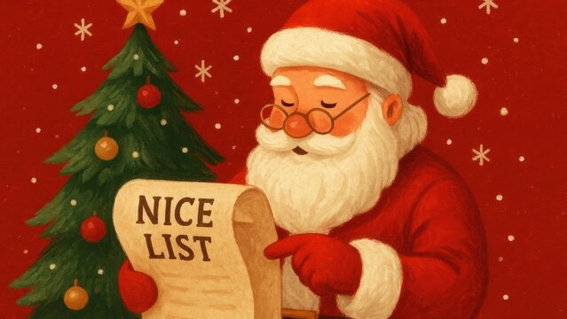 Santa checking list joyfully.