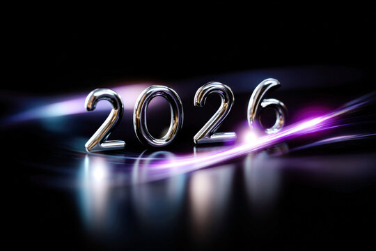 Polished Chrome Number 2026 with Purple Pink Light Streaks on Reflective Black Surface