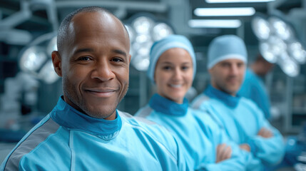 Confident medical team in blue scrubs standing together in hospital operating room, smiling and ready for surgery