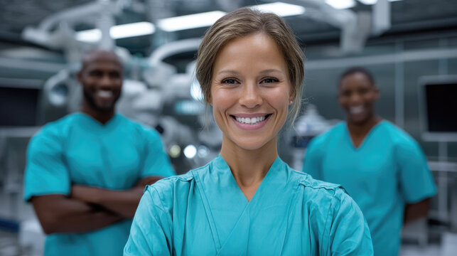 Confident medical team in teal scrubs smiling in modern hospital, teamwork and professionalism in healthcare environment - Powered by Adobe