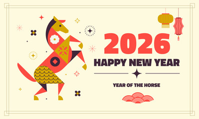 Colorful flat geometric illustration celebrating the 2026 Chinese New Year – Year of the Horse.
Features a stylized horse composed of geometric shapes with festive lanterns. Vector illustration
