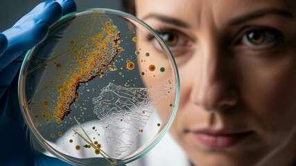 Female researcher examines bacteria biodegrading plastic in a petri dish amidst ongoing scientific studies on environmental solutions