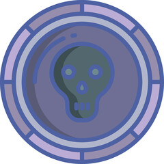 Purple circular emblem with a dark grey skull and crossbones symbol in the center and a target reticle overlay illuminated with soft purple light