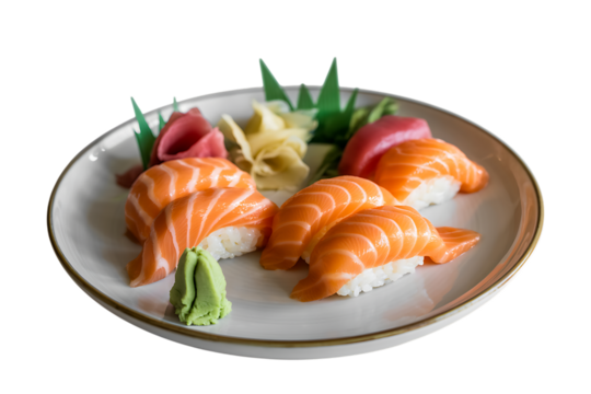 Fresh salmon nigiri sushi beautifully presented with wasabi and pickled ginger