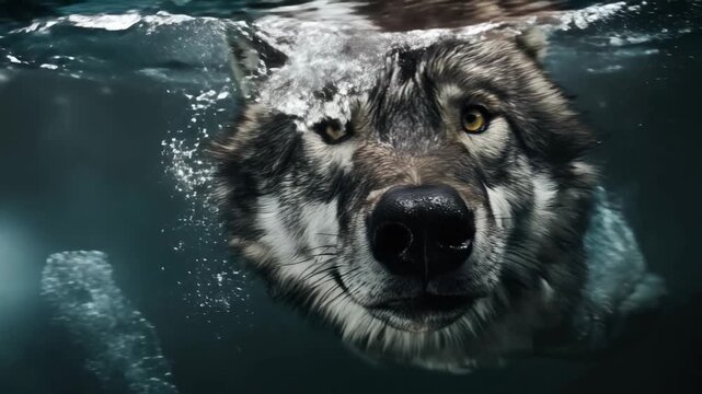 Ferocious wolf swims straight toward the camera, teeth bared and droplets flying, capturing raw power, tension, and wilderness drama in cinematic slow motion beneath the water&rsquo;s shimmering surface.