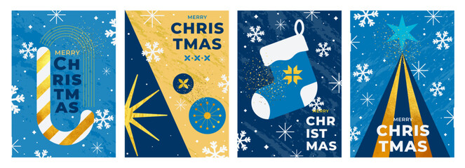 Stylish Christmas greeting cards in blue and gold color palette. Minimal geometric design with house, Christmas tree, snowflakes and ornaments. Perfect for holiday prints and digital cards. Vector