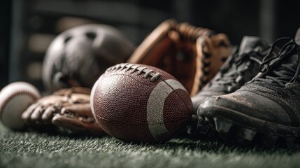 Dynamic close-up showing an arrangement of sports equipment on a grass surface