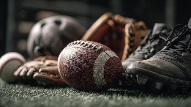 Dynamic close-up showing an arrangement of sports equipment on a grass surface