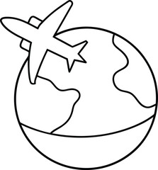 Airplane Flying Over Globe Line Art Vector Isolated on White Background