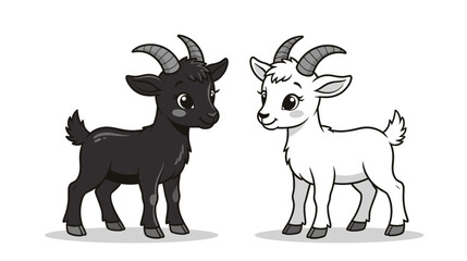 Cute cartoon goats standing side by side in black and white colors  